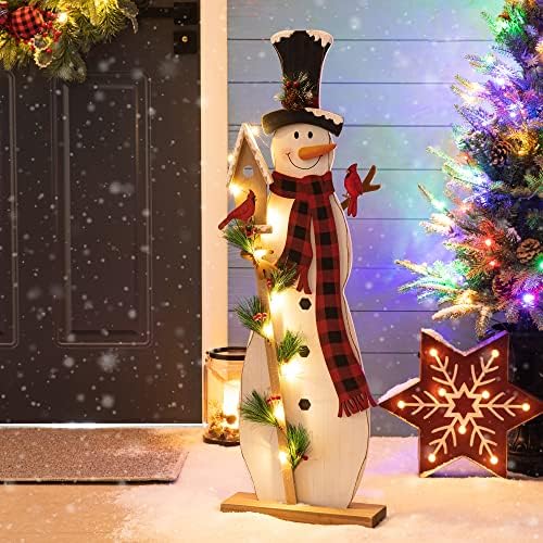 Glitzhome 36" H Lighted Wooden Christmas Snowman Porch Sign Standing Snowman with Birdhouse Porch Decor Rustic Merry Christmas Welcome Sign Holiday Party Outdoor Indoor Xmas Decorations