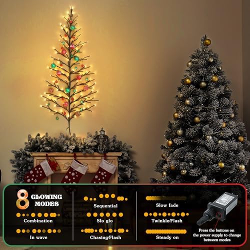 5 FT 144 LED Lighted Wall Christmas Tree with Decorative Balls, 8 Light Modes Plug in Half Christmas Tree, Hanging Flat Mounted Trees for Holiday Apartment Room(Black, Red and Green)