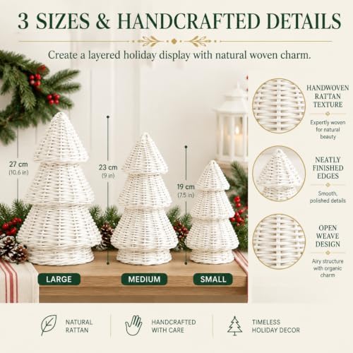 MiniInflat 3 Pcs Woven Rattan Christmas Tree Decor, Classic Weave, White
