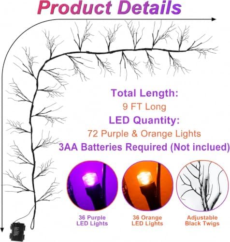 9 FT 72 LED Willow Vine Twig Decor Black Halloween Garland with Orange Purple Lights, Timer 8 Modes Waterproof Battery Operated Indoor Halloween Decorations for Wall Fireplace Mantle Home Office Decor