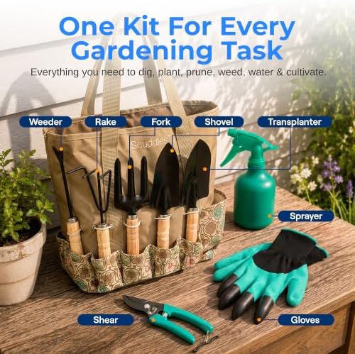 Scuddles 8-Piece Garden Tool Set with Carry Bag, Includes Shovel, Trowel, Rake & Hand Tools for All Gardening Tasks, Heavy Duty Lightweight Design 2.2 lb – Perfect for Men, Women & Gardening Gifts