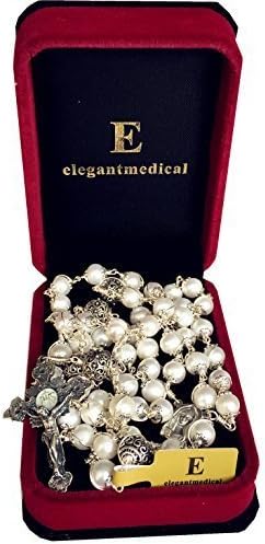 elegantmedical Wire Wraped Bali 925 Sterling Silver Pearl Beads Rosary Necklace Cross