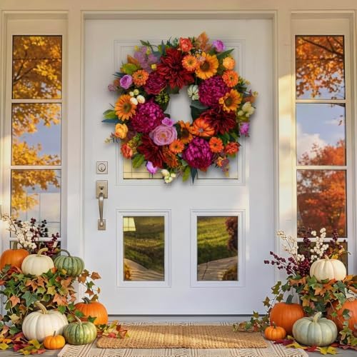 24 Inch Fall Wreath for Front Door, Artificial Harvest Fall Wreath
