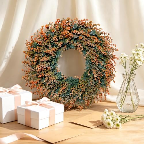 Fall Wreath for Front Door 26 inch Boxwood Wreath Eucalyptus Leaves