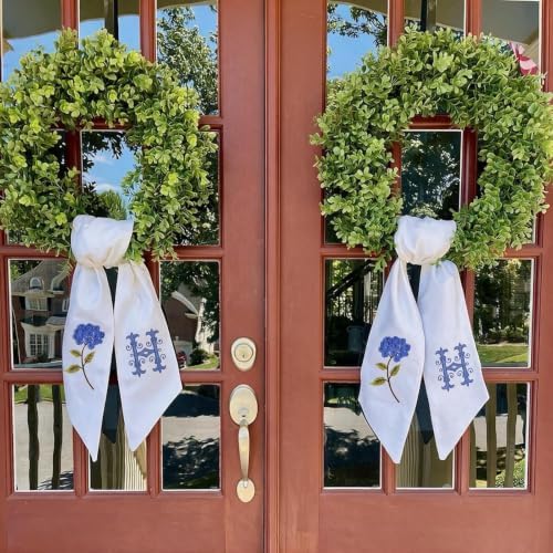 Boxwood Wreath for Front Door Spring Summer Wreaths Farmhouse Hanger,Last Name Initial Year Round Porch Decor,20 inch Multi Occasion use Wreath with Personalized Monogram sash Embroidered - (H)