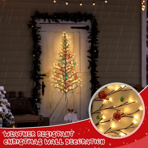 5 FT 144 LED Lighted Wall Christmas Tree with Decorative Balls, 8 Light Modes Plug in Half Christmas Tree, Hanging Flat Mounted Trees for Holiday Apartment Room(Black, Red and Green)