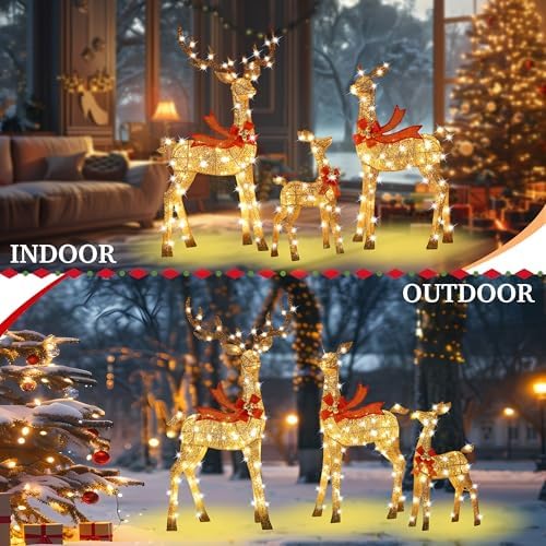 58 Inch 3D Gold Large Lighted Christmas Deer Decorations 3-Piece Outdoor Holiday Decorations Reindeer Set with 210 Warm White LEDs, Large Yard Display for Garden, Storefront