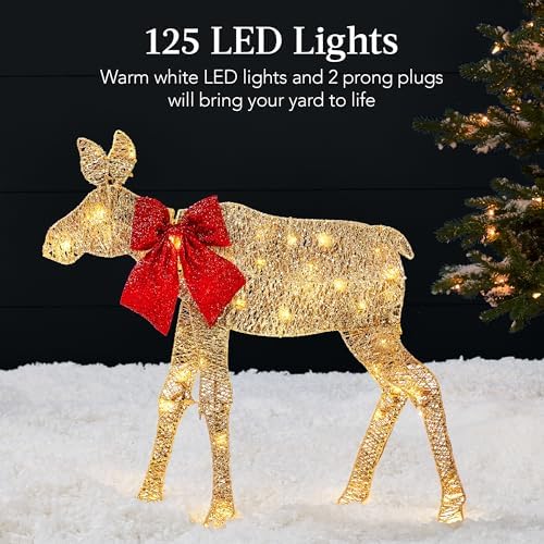 Best Choice Products 2D Moose Family Outdoor 2Pc Christmas Yard Décor, 4ft Lighted Yard Set Prelit All-Weather w/ 125 LEDs, Ground Stakes - Gold