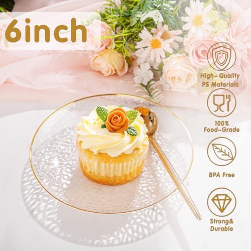 Rubtlamp 100 Pack Clear Gold Plastic Dessert Plates, 6Inch Clear Gold Small Appetizer Plates With Hammered, Heavy Duty Disposable Salad Plate, Elegant Cake Platos for Wedding, Birthday, Teatime