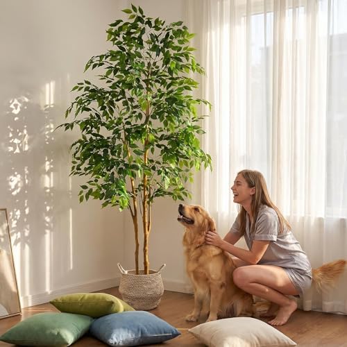 Warmplants Artificial Ficus Tree 7ft Fake Floor Plant with Woven Basket