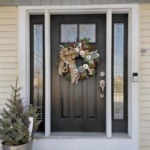 24 Inch Neutral Fall Wreath for Front Door with White Pumpkins & Bow