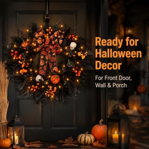 24 in Halloween Wreath for Front Door, Black Skeleton Spider Web Door Decor