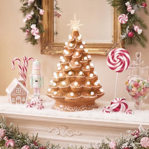 Best Choice Products 15in Ceramic Christmas Tree, Pre-lit Hand-Painted Tabletop Holiday Tree, 2 Star Toppers, 64 Lights - Gingerbread w/White Bulbs