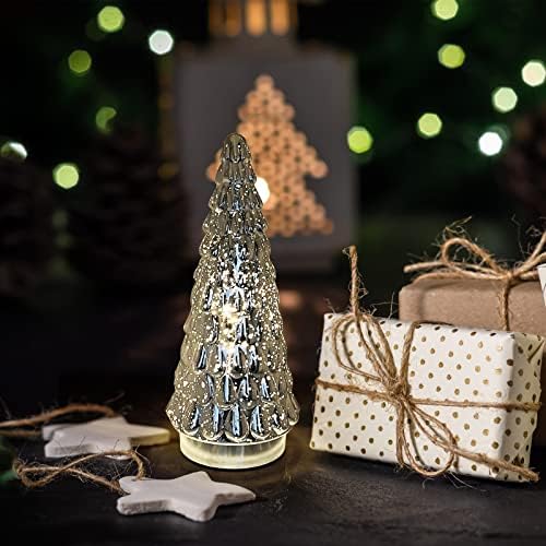 Silver Tabletop Christmas Tree 3pcs, Small Mercury Glass Christmas Trees with Light, Battery Operated Mini Xmas Tree for Fireplace Bathroom Decor 10"