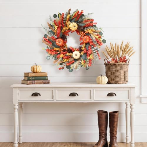 22" Fall Eucalyptus Wreaths for Front Door with Mixed Pumpkins and Berries