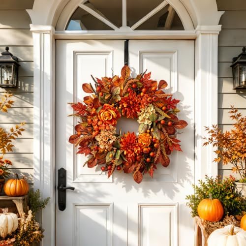 Autumn Harvest Wreath for Front Door 26 Inch, Fall Decor with Orange Dahlias Maple Leaves Berries Hydrangeas, Thanksgiving Halloween Wreaths for Front Door Grapevine Twig