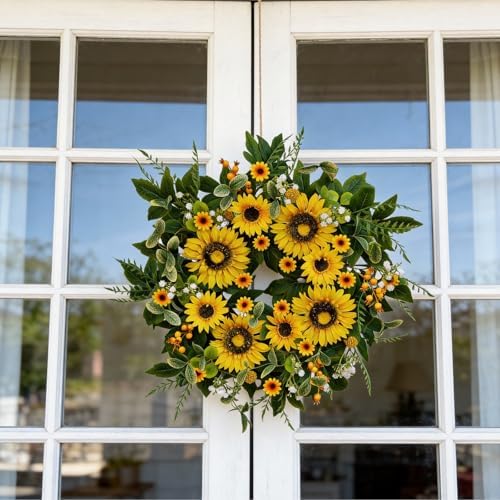 Sunflower Wreath for Front Door, 24 Inch Spring & Summer Wreath with Lifelike Sunflowers, Handmade Outdoor Wreath for Front Door, Spring Home Decor