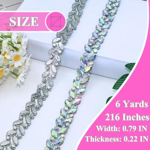 6 Yards Crystal Rhinestone Ribbon Trim, AB Silver Self Adhesive Bling Diamond Tape Strips Roll, Chain Applique Stickers for Dress Wedding Fringe & DIY Craft Decoration