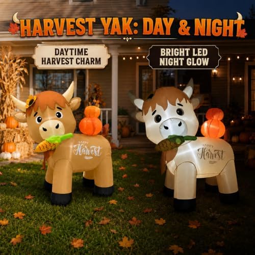 5FT Thanksgiving Inflatable Highland Cow Outdoor Decoration, Harvest Cow Blow Up Yard Decor with Pumpkin, Corn Cob, LED Lights for Fall Lawn Garden Party