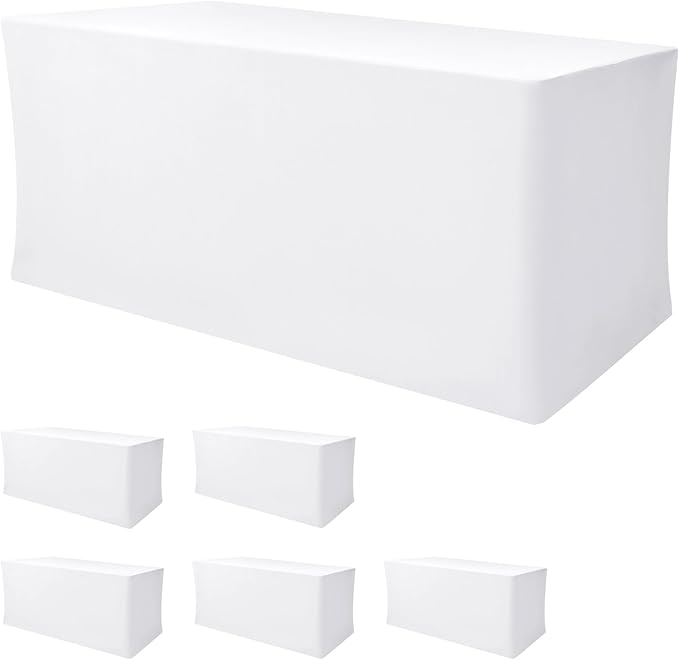 Nasitos White Fitted Table Covers for 6 Foot Tables - 72 x 30 Inch - 6 Pack Stretch Spandex Rectangle Table Clothes, Polyester Fabric Tablecloths for Parties, Trade Show, Craft Show, Birthday