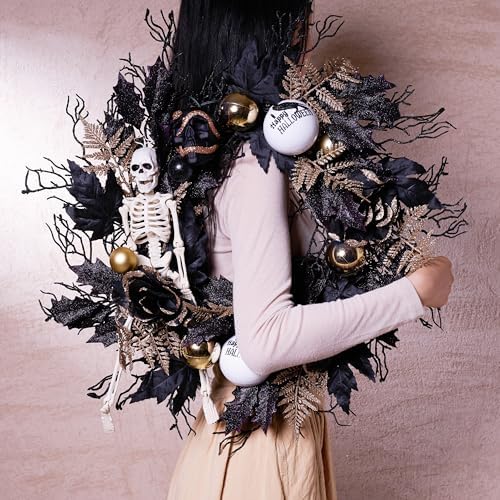 DecorbyHannah 24'' Skeleton Halloween Wreath with Lights for Front Door