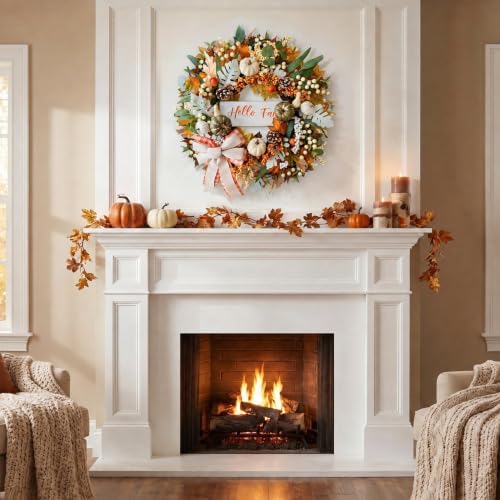 24'' Fall Wreaths for Front Door with Lights and Timer, Farmhouse
