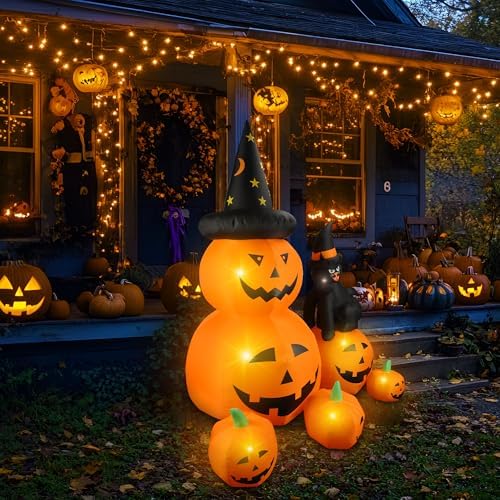 6Ft Halloween Inflatable Decorations Pumpkins Patch Lanterns with Black Cat with Build-in LEDs Blow Up Inflatables for Outdoor Decoration Balcony Home Lawn Patio