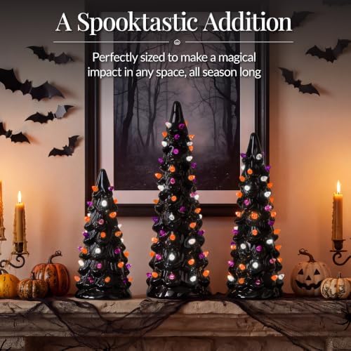 Best Choice Products 3Pc Ceramic Halloween Trees, Pre-Lit Hand Painted Pencil Holiday Tabletop Trees w/Orange Purple & White LED Lights