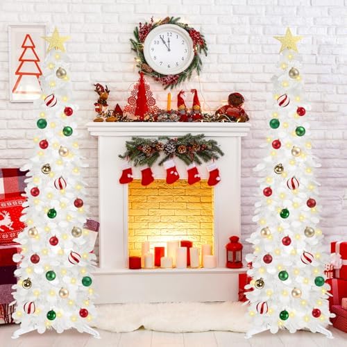 5 FT Pop Up Christmas Tree with Timer Lights and Decorations, White Artificial Tinsel Christmas Tree with 24 Ball Ornaments, Collapsible Pencil Tree for Home, Office, Holiday Party