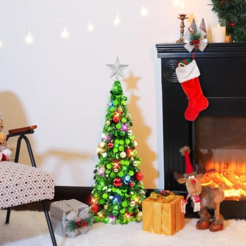 N&T NIETING Pop Up Christmas Tree with Lights, Collapsible Tinsel Xmas Tree Decorations, Pencil Christmas Tree Skinny Tree for Holiday Xmas Home Office Decor, 25 Balls, 3Ft, Green