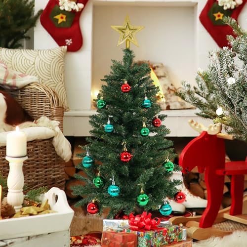 SUNSHINE DECOR Green Christmas Tree with Light 3ft Artifical Full Christmas Tree with Ball & Star Ornaments 8 Lighting Modes for Holiday Decor