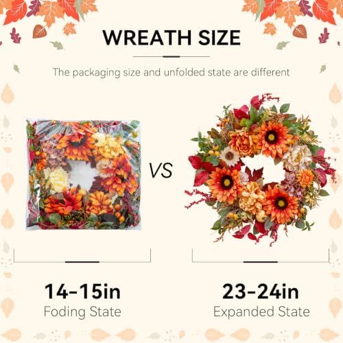 24 Inch Harvest Fall Wreaths for Front Door with Sunflower,Peony,Hydrangeas