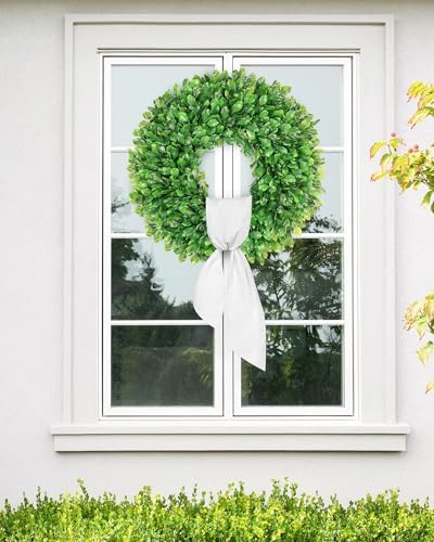 Vlorart 24 Inch Faux Round Boxwood Wreath, Weatherproof Front Door Large Wreaths Artificial Spring Summer Greenery Wreath with Sash for Farmhouse Wedding Year Round Indoor and Outdoor