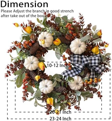 WANNA-CUL 24 Inch Farmhouse Fall Wreath for Front Door with White Pumpkins