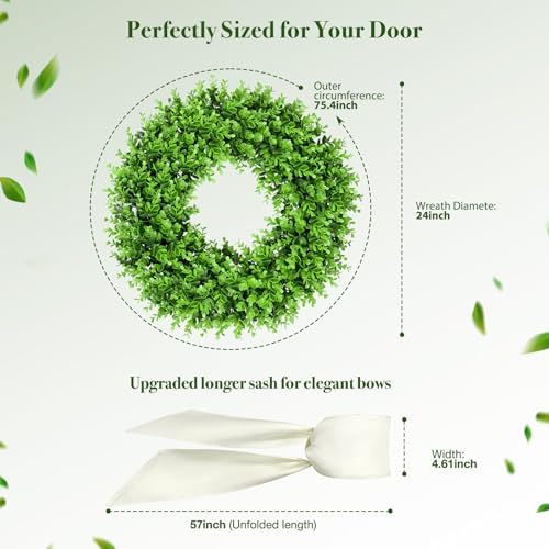 24" Boxwood Wreaths for Front Door – Large Boxwood Wreath with Sash