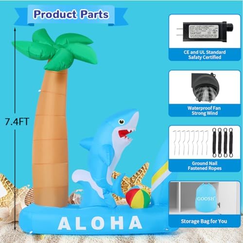 GOOSH 7.4 FT Summer Inflatable Shark with Palm Tree, Surfboard & Beach Ball Outdoor Blow Up Yard Decoration with LED Lights for Hawaiian Beach Party Garden Lawn Birthday Pool Decor