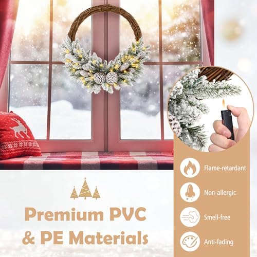 GOFLAME 24” Pre-lit Artificial Christmas Wreath, Snow Flocked Xmas Hoop Wreath with 35 LED Lights, 65 Branch Tips, 8 Natural Pine Cones, Timer, Battery-Operated Holiday Decoration for Window Wall