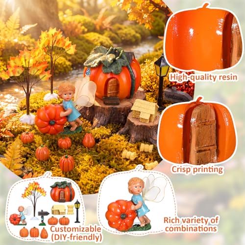 Pinkunn 16 Pcs Fall Fairy Garden Miniature Pumpkin Fairy House Statue