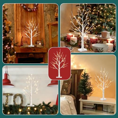 PABIPABI Lighted Birch Tree with LED Lights Christmas Decorations, Small Artificial Bonsai Tree Lights with Timer, LED Tabletop Trees for Home Wedding Decor