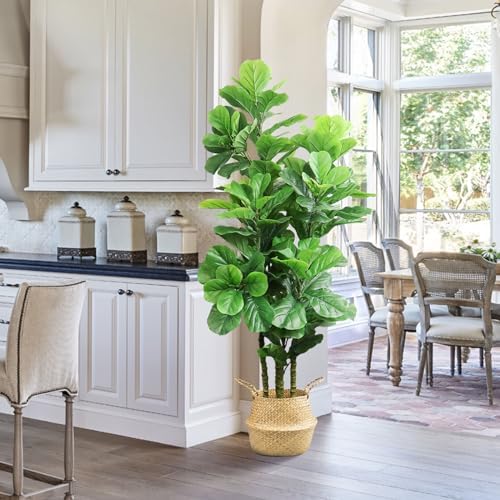 ROOMTEC 2pcs Artificial Fiddle Leaf Fig Tree,6 FT Tall Artificial Tree with Woven Seagrass Plant Basket Fake Floor Plant in Pot for Home Decor Living Room Indoor Outdoor Office Bedroom Decor
