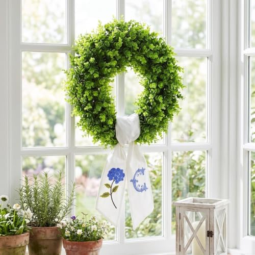 Boxwood Wreath for Front Door Spring Summer Wreaths for Farmhouse,Last Name Initial Year Round Porch Decor,20 inch Green Wreath with Personalized Monogram sash Embroidered Hydrangea and Letter - (C)