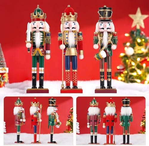 3 Pcs Wooden Christmas Nutcracker Soldier,30CM Traditional Painted Nutcracker Figures,Festive Collectible Christmas party for Home Fireplace Christmas Tree Party Decoration (Drummer&Spear&Swordsmen)