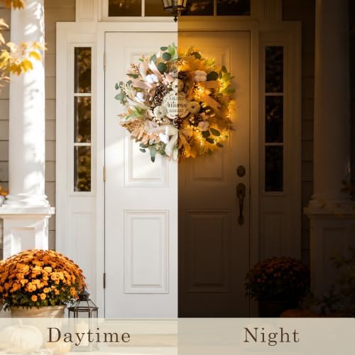 24'' Fall Wreaths for Front Door with Lights and Timer, Farmhouse