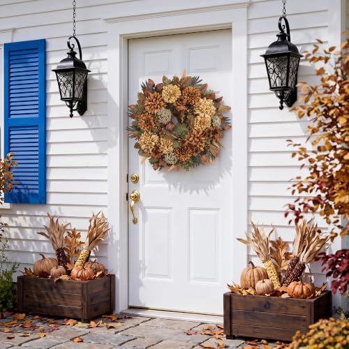 24" Fall Wreaths for Front Door with Mums Dahlias Queen Anne's Lace
