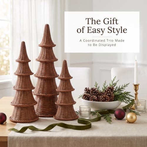 3PCS Resin Christmas Trees, Woven Style Tabletop Decor, Gift Box Set