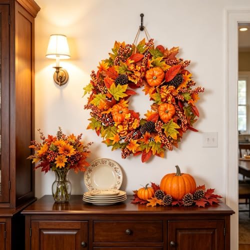 24 Inch Harvest Fall Wreath, Farmhouse Pumpkin Pinecone Autumn Wreath with Maple Leaves & Hydrangeas, Rustic Artificial Wreath for Front Porch Wall Window, Thanksgiving Home Decor