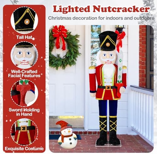 Tangkula 5 FT Christmas Lighted Nutcracker Holding Glitter Sword Decoration