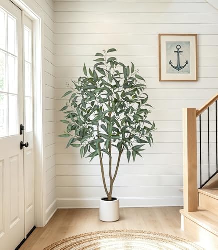 Eucalyptus Trees Artificial Indoor - 2PCS 5FT Tall Faux Eucalyptus Plants in White Planter, Fake Plant Décor for Farmhouse Bedroom Office Room Hallway Decoration