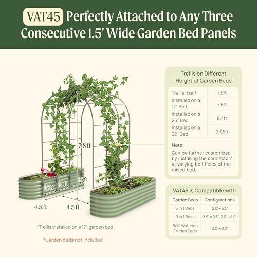 Vego Garden Modular Arched Trellis System 4.5' Long Trellis for 2.0' x 6.5' or 3.5' x 6.5' or 2.0' x 8.0' Garden Bed for Climbing Plants like Cucumber Beans Tomatoes & Vines (Garden Beds Not Included)