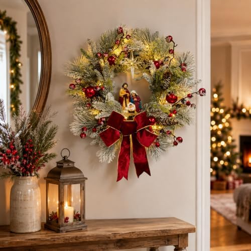 Svndlyn 22 Inch Lighted Christmas Wreath with Timer and Nativity Scene